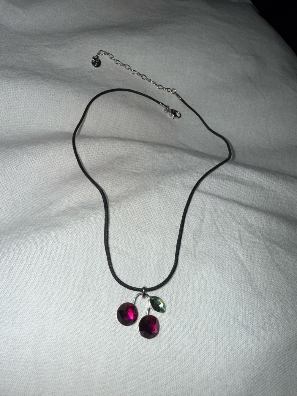 SWAROVSKI Cherry Pendant Crystal Black Cord Necklace Red Green Charm Auth Japan